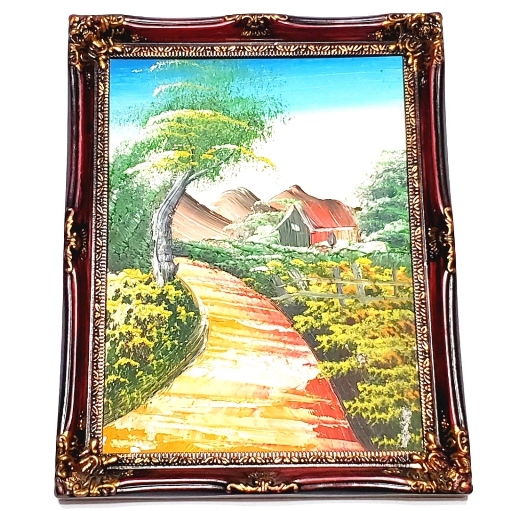Original Oil Painting Landscape  Mountain Path & Barn Artist Unknown